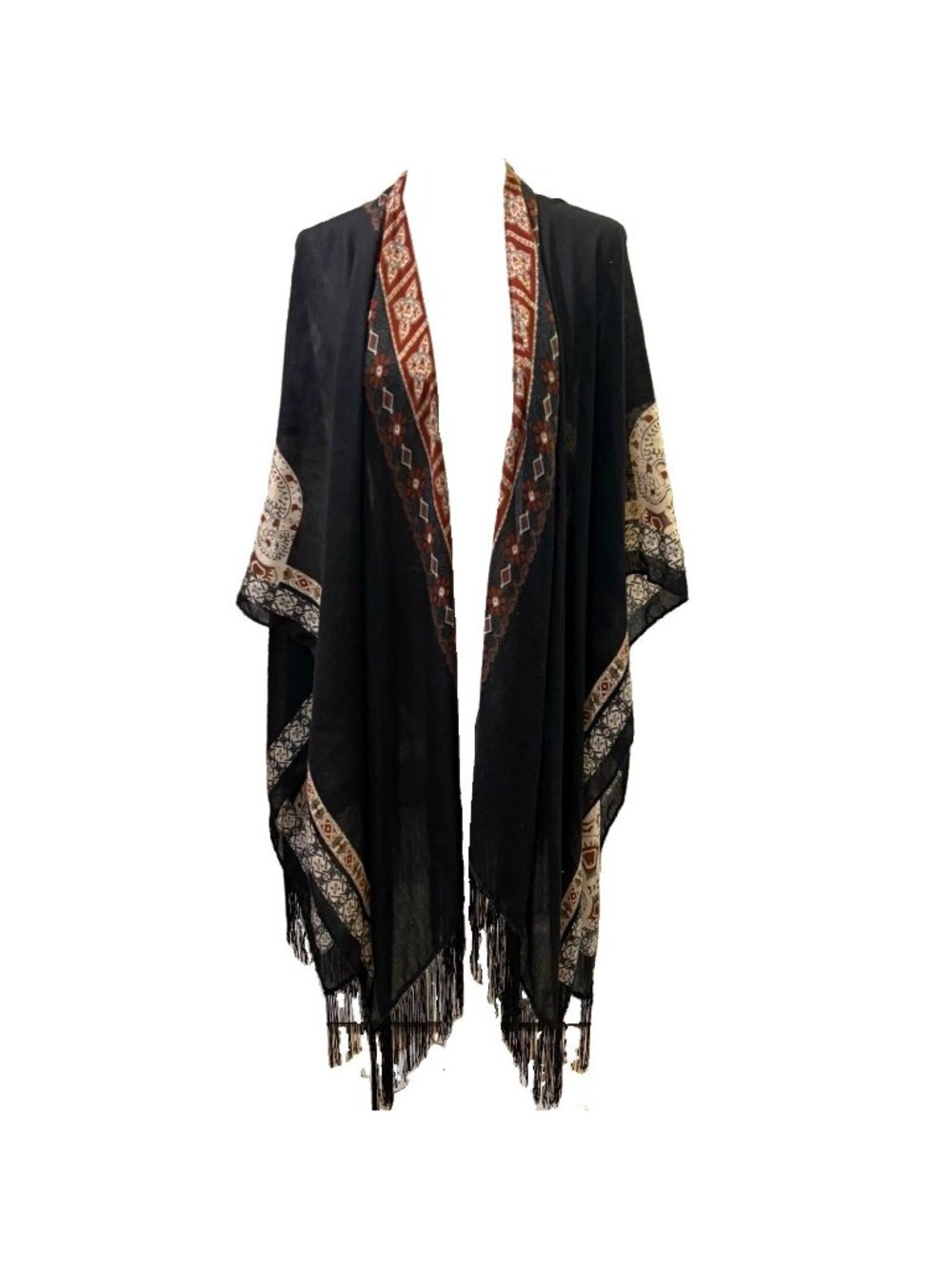 Jessica Simpson western Shawl Wrap Paisley Black Brown Woven Polyester Fringe OS